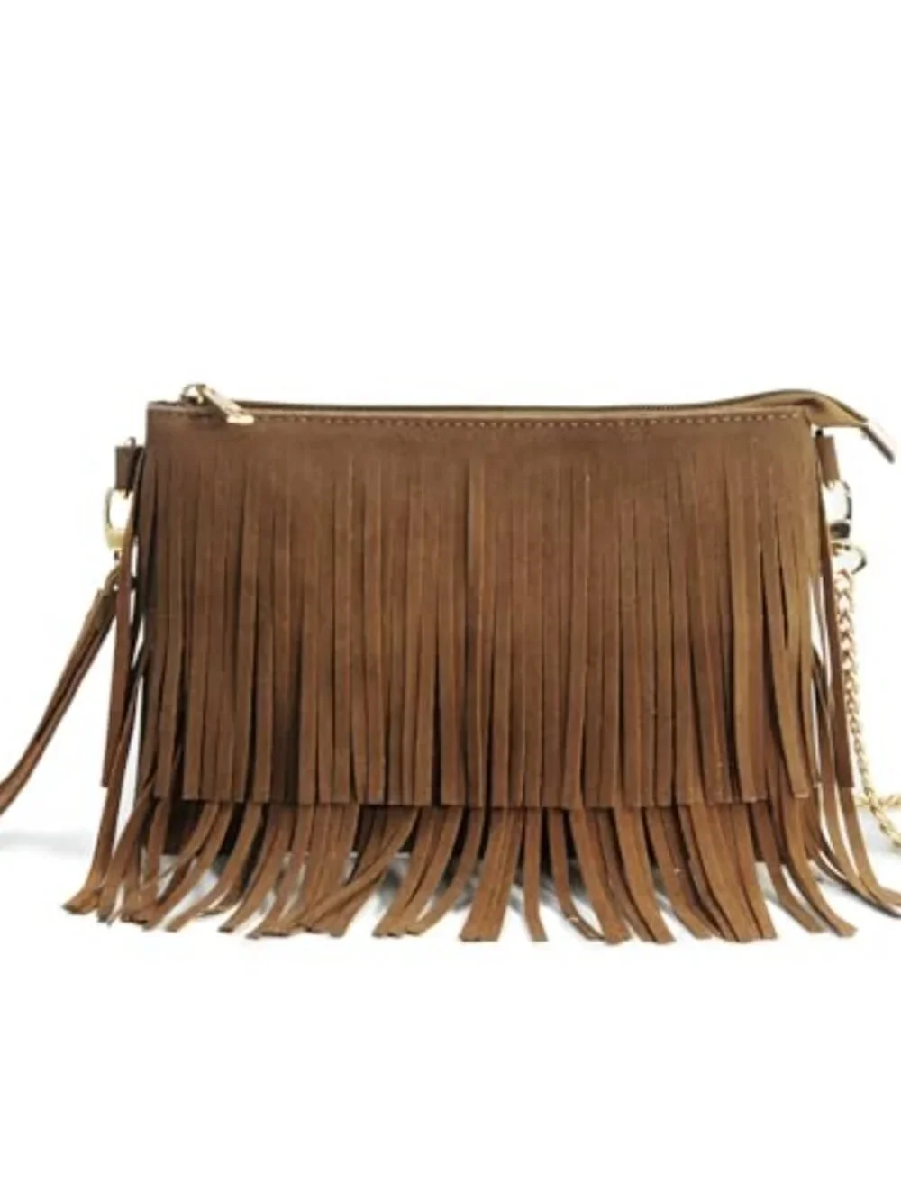Faux Suede Leather Fringe Crossbody Bag with Wristlet & Chain Strap